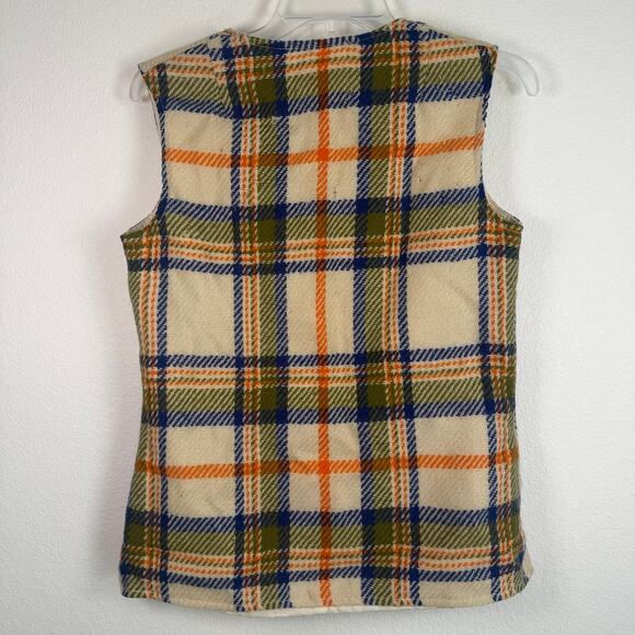 Vintage Loubella 19760s 1970s Vest Skirt Set Wool Plaid Golden Buttons XS Orange - Picture 6 of 11